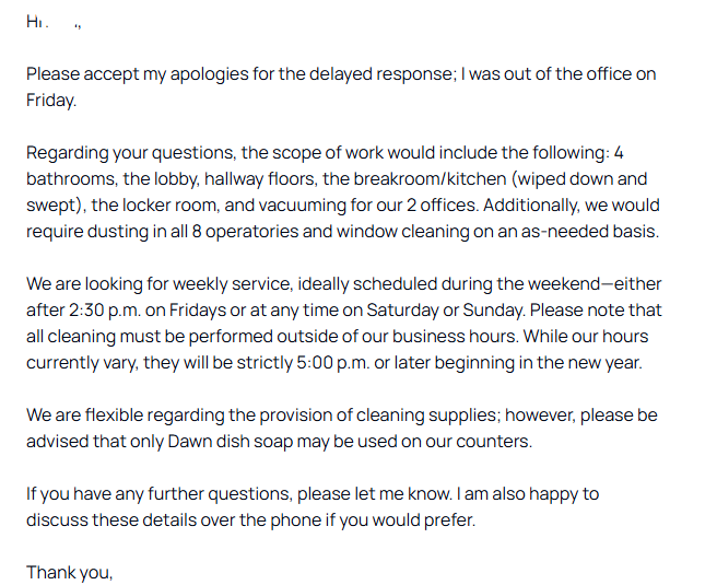 Email reply detailing a weekly cleaning scope: 4 bathrooms, lobby, hallway floors, breakroom, locker room, 2 offices, and 8 operatories