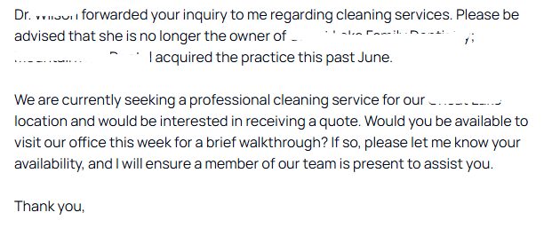 Email reply from a new dental practice owner asking to schedule a walkthrough this week for a quote