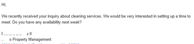 Email reply from a property management company saying they are very interested in setting up a time to meet next week